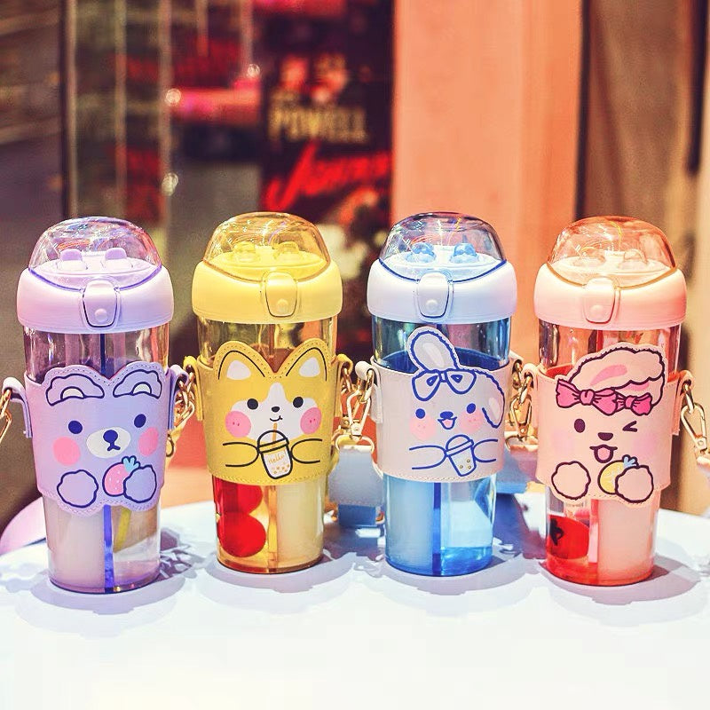 Cartoon Double Drinks Water Bottle With Straw And Strap, One Cup