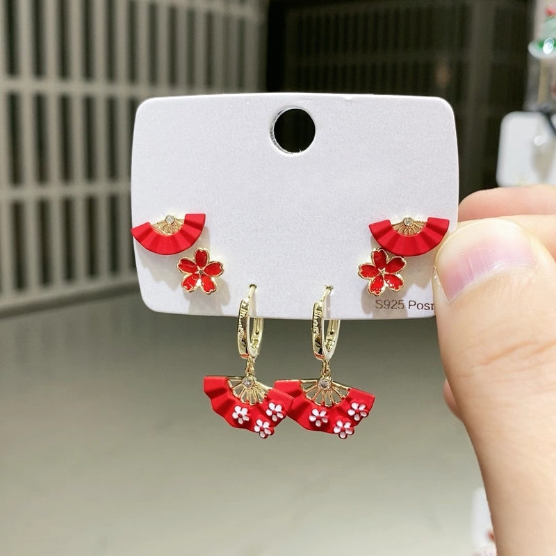 Red Fan 3pc Earring Set