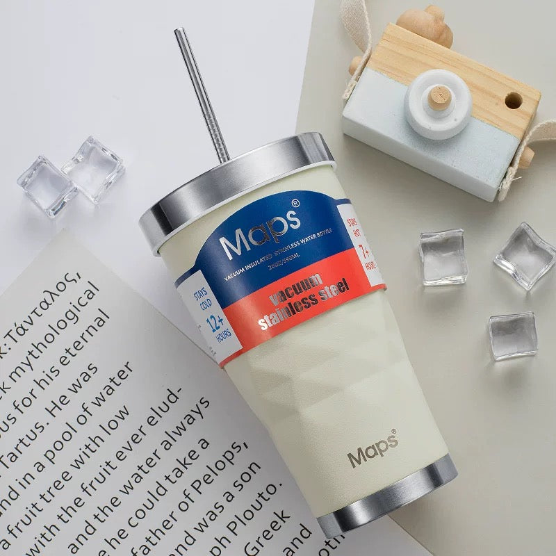 Maps Stainless Steel Travel Cup with Straw 590ml